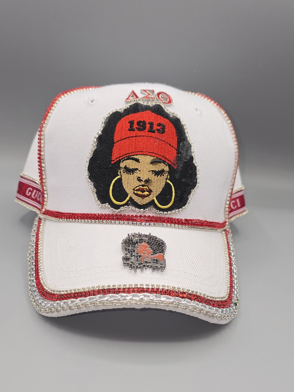 DELTA SIGMA THETA White & Red Embroidered Women's Baseball Cap with 1913 Design